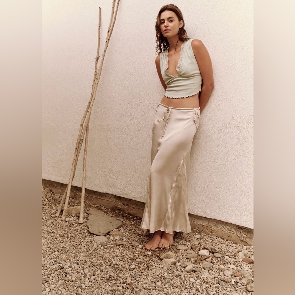 Free People Ivory Bohemian Nights Silk Crochet Maxi Skirt Slip ‼️RARE‼️ NWT🔖